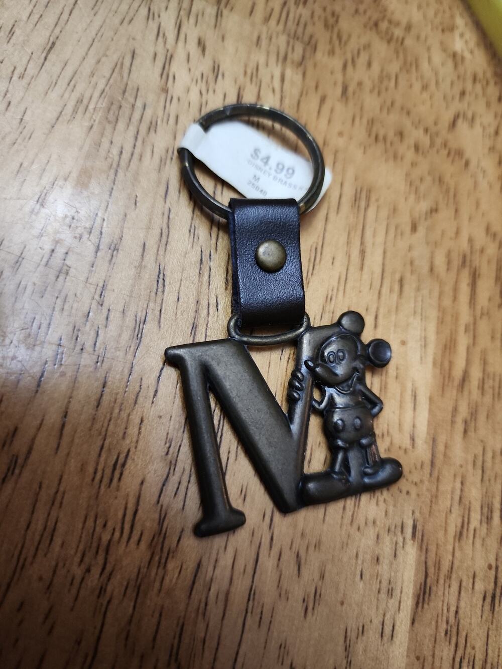 Vintage Disney Parks Mickey Mouse Monogram N Leather Keychain Dangle Brass